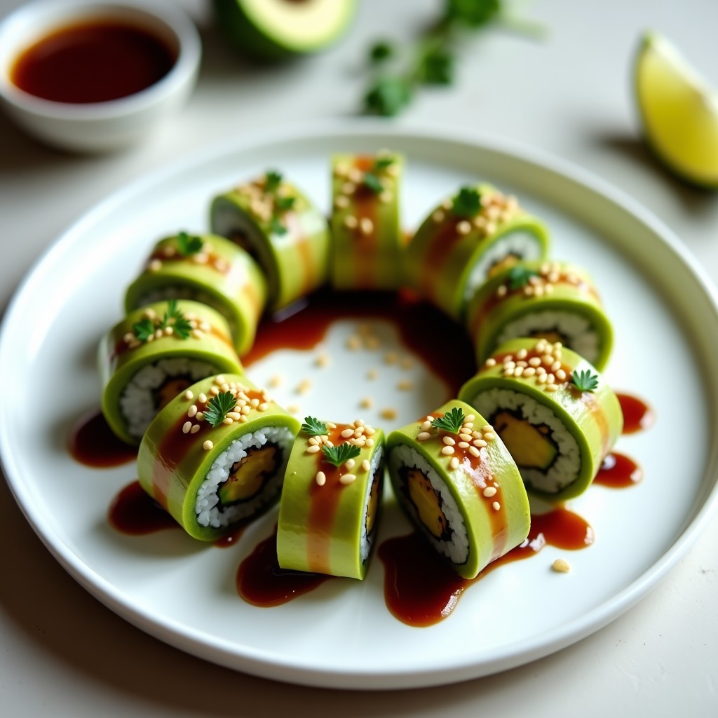 Plato blanco con sushi vegano sin algas de plátano macho y aguacate, enrollado y cortado por la mitad, mostrando capas de zanahoria y pepino. Acompañado de salsa teriyaki brillante y semillas de sésamo tostadas. Receta rápida y saludable.
