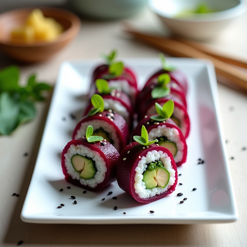 Plato blanco rectangular con 8 piezas de sushi crudivegano de remolacha morada y queso de almendras, cortados en rollos perfectos, decorados con sésamo negro, tiras de nori y vinagreta de wasabi verde brillante. Fondó de madera clara con palillos y jengibre encurtido.