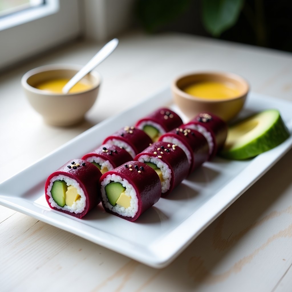 Plato blanco con porciones de sushi vegano de remolacha morada y queso de anacardos, bañadas en salsa de mostaza y miel, decorado con semillas de sésamo negro y hojas de menta fresca.