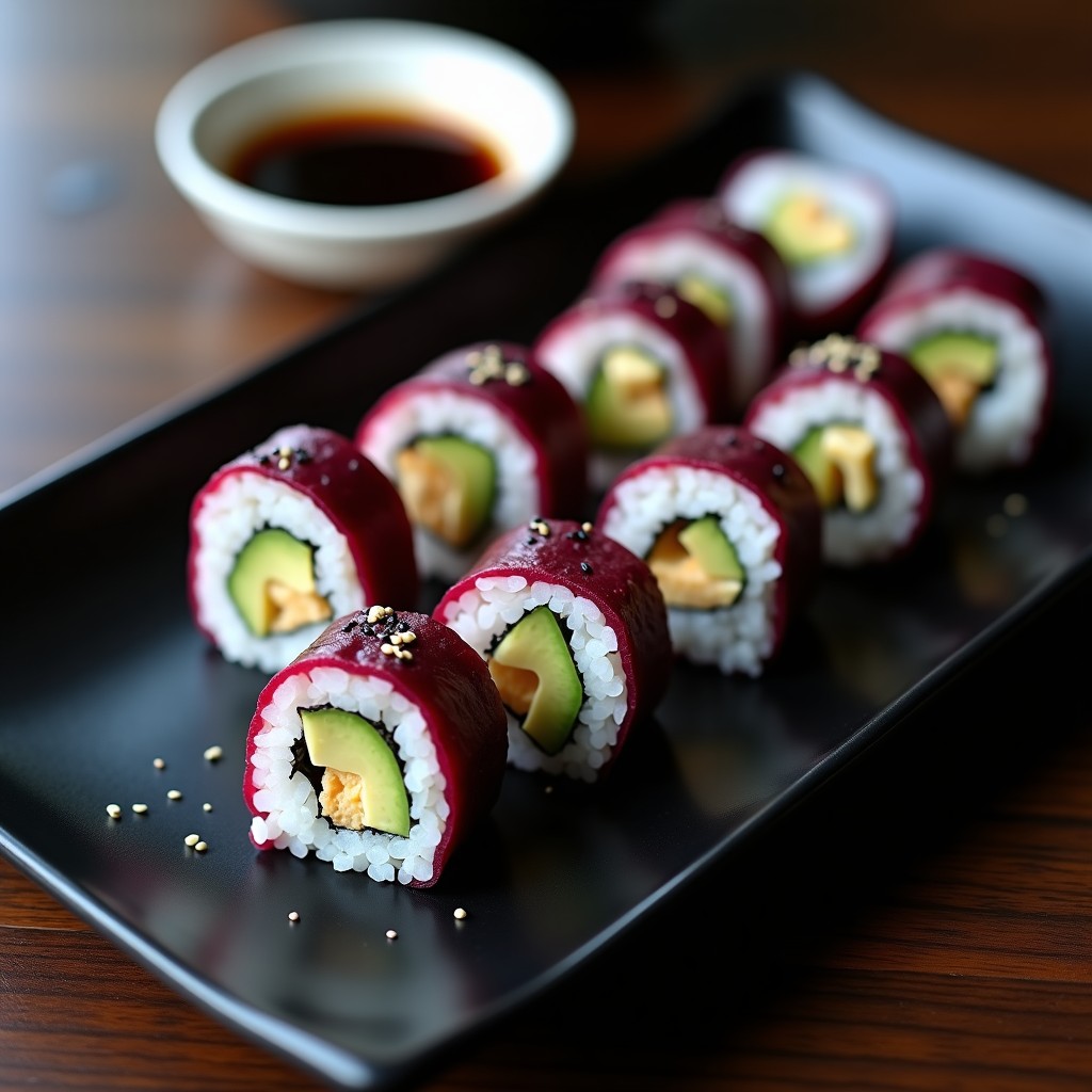Rollos de sushi vegano sin gluten rellenos de remolacha marinada en vinagre de arroz, queso cremoso de anacardos, aguacate y pepino, cortados en piezas y servidos sobre un plato de madera con semillas de sésamo negro espolvoreadas.