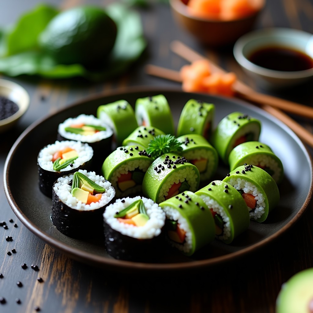 Plato rectangular de cerámica negra con sushi rolls veganos cortados en porciones, mostrando capas de alga nori, arroz blanco, aguacate cremoso y espárragos verdes. Espolvoreado con sésamo negro y acompañado de salsa de soja, wasabi vegano y jengibre encurtido en un lado. Fondo minimalista con luz natural.