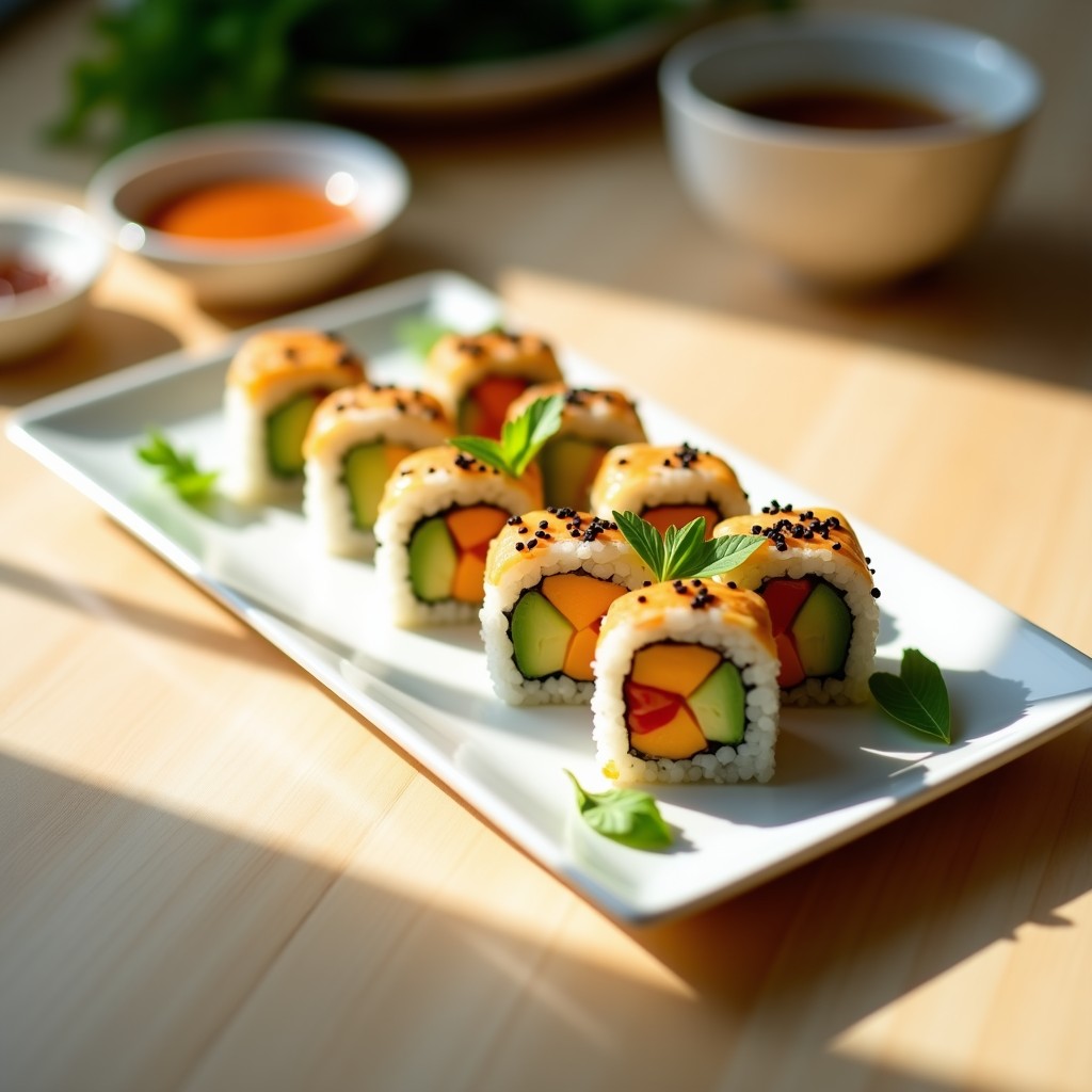 Plato blanco rectangular con 6 porciones de Sushi Roll de Aguacate y Mango con Salsa de Cacahuete Picante, decorado con semillas de sésamo negro y cilantro fresco. Los rolls muestran capas visibles de aguacate, mango y pimiento rojo asado, acompañados de un cuenco pequeño con salsa de cacahuete espesa y brillante. Fondo minimalista con tonos neutros y luz natural.