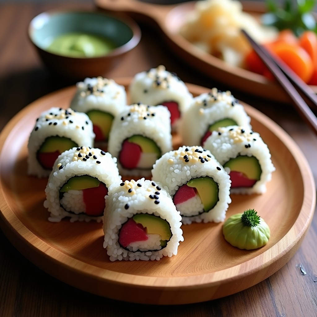 Plato de madera oscuro con sushi roll vegano cortado en 8 piezas, mostrando capas de arroz blanco, remolacha rosada marinada y aguacate verde cremoso. Acompañado de mayonesa de wasabi cremosa y espolvoreado con sésamo negro y blanco. Fondos de hojas de nori y jengibre encurtido al lado.