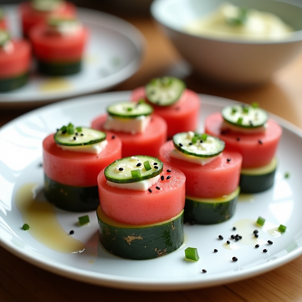 Bandeja de madera con piezas de sushi de sandía y queso feta, presentadas como rollos abiertos con base de sandía cuadrada, láminas de queso feta, bastones de pepino, limón confitado y decoración de hierbabuena, pimienta rosa y sésamo. Entrante veraniego fresco y colorido.