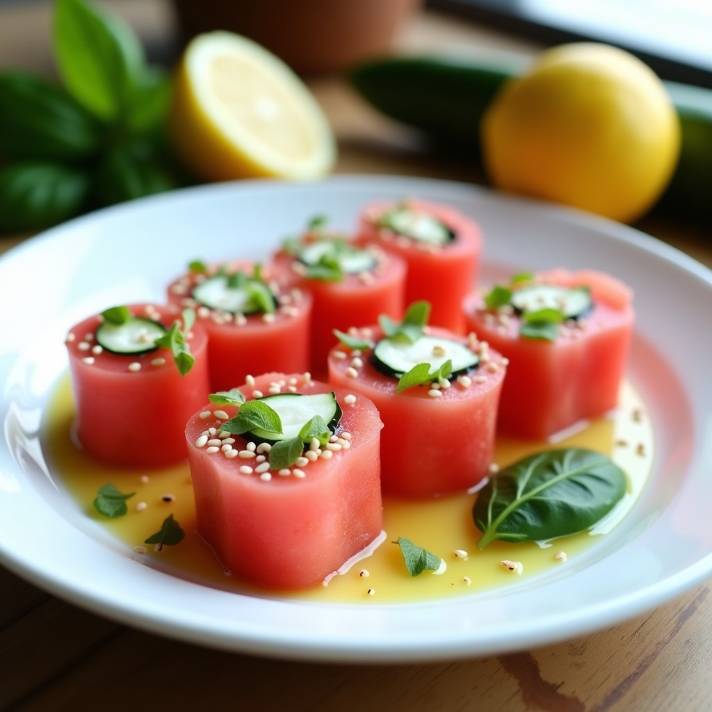 Plato blanco con rollos de sushi de sandía y queso feta cortados en porciones, bañados con vinagreta de albahaca verde brillante. Semillas de sésamo tostadas y hojas de albahaca fresca decoran el plato. Fondos borrosos de ingredientes como limón y pepino.