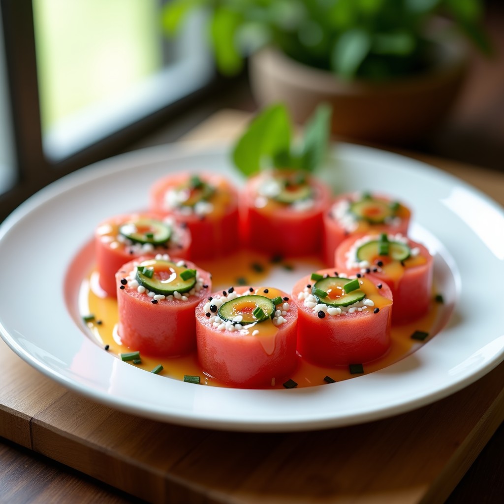 Bandeja de madera con sushi de sandía y queso feta sin algas, dispuestos en círculos de sandía roja con bastones de queso blanco, decorados con semillas de sésamo, pistachos y hojas de menta. Vinagreta de miel dorada en un cuenco aparte, receta veraniega sin cocinar.