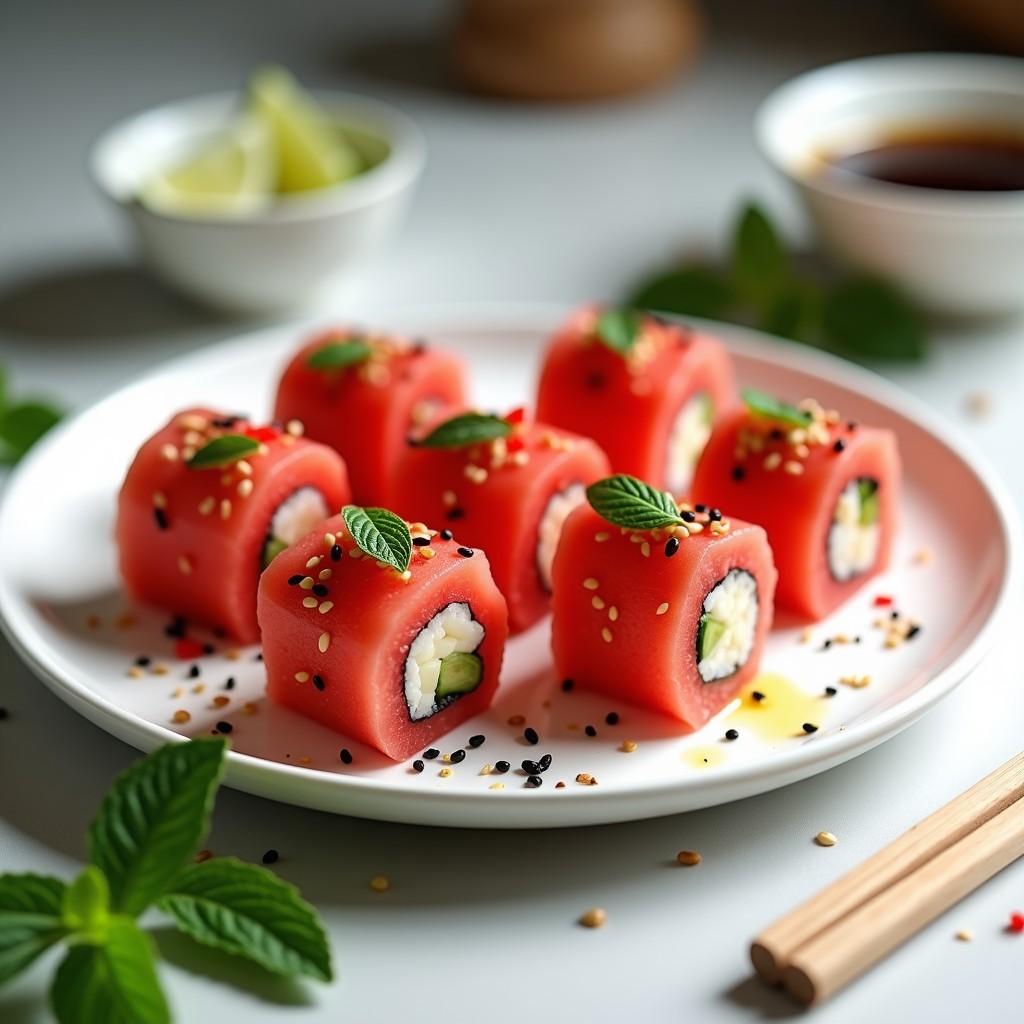 Plato blanco con sushi de sandía y queso vegano sin arroz, enrollado en alga nori, con semillas de sésamo y hojas de menta. Receta fresca de verano, servida con salsa de soja y lima.
