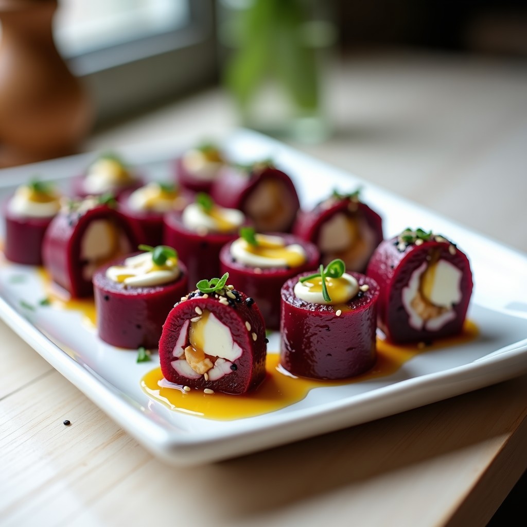 Plato blanco rectangular con sushis veganos de remolacha y queso de cabra cortados en porciones, bañados en vinagreta de miel dorada, decorados con semillas de sésamo negro y cebollino fresco sobre fondo de madera clara.
