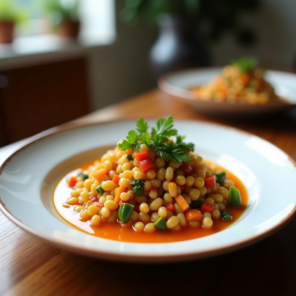 Tabbouleh de coliflor y granada con vinagreta de naranja amarga servido en un bol de cerámica blanca, decorado con granos de granada y almendras fileteadas, sobre una mesa rústica de madera con hierbas frescas al fondo.