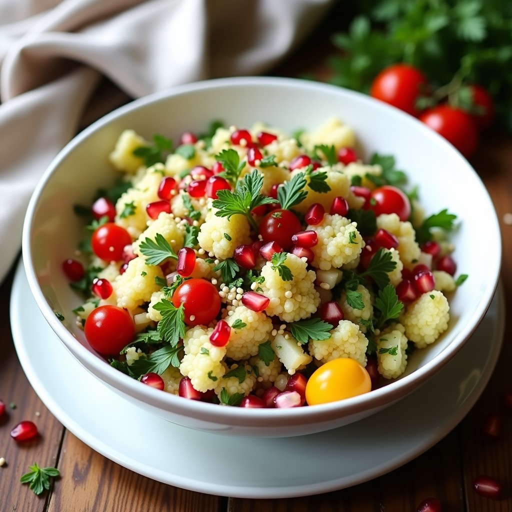 Plato blanco hondo con Tabbouleh de Coliflor y Granada: ensalada vegana sin gluten con coliflor rallada fina, granos de granada rojos vibrantes, perejil y menta picados, y aderezo brillante. Decoración con hojas de menta fresca y granos de granada esparcidos.