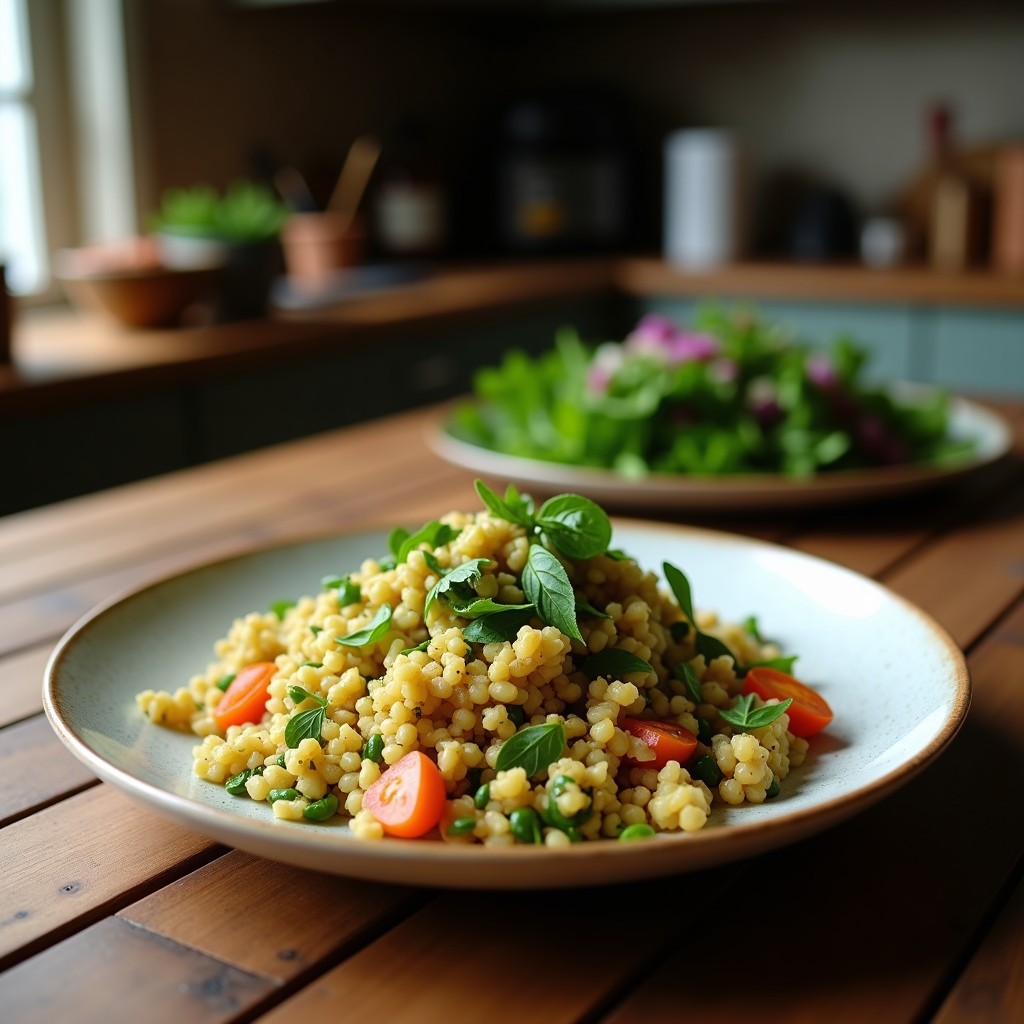 Bowl de cerámica blanca con Tabbouleh de coliflor y hierbas frescas, decorado con almendras fileteadas y hojas de menta, sobre un fondo rústico de madera con limones y aceitunas.