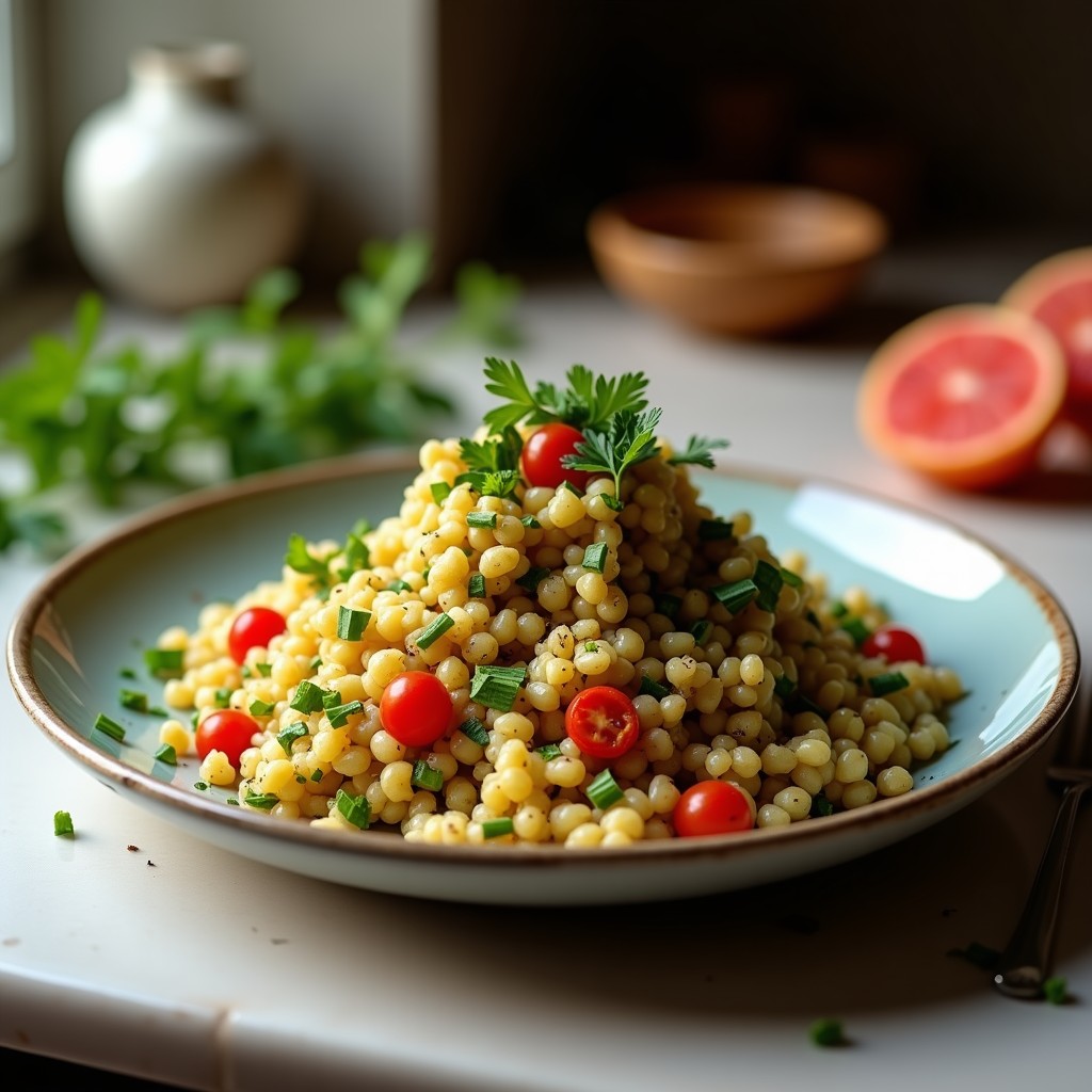 Ensalada Tabbouleh de coliflor rallada fina, perejil fresco picado, granos de granado rojos brillantes y tomates cherry en cuartos, servida en un bol de cerámica blanca sobre fondo rústico de madera, receta libanesa vegana y sin gluten.