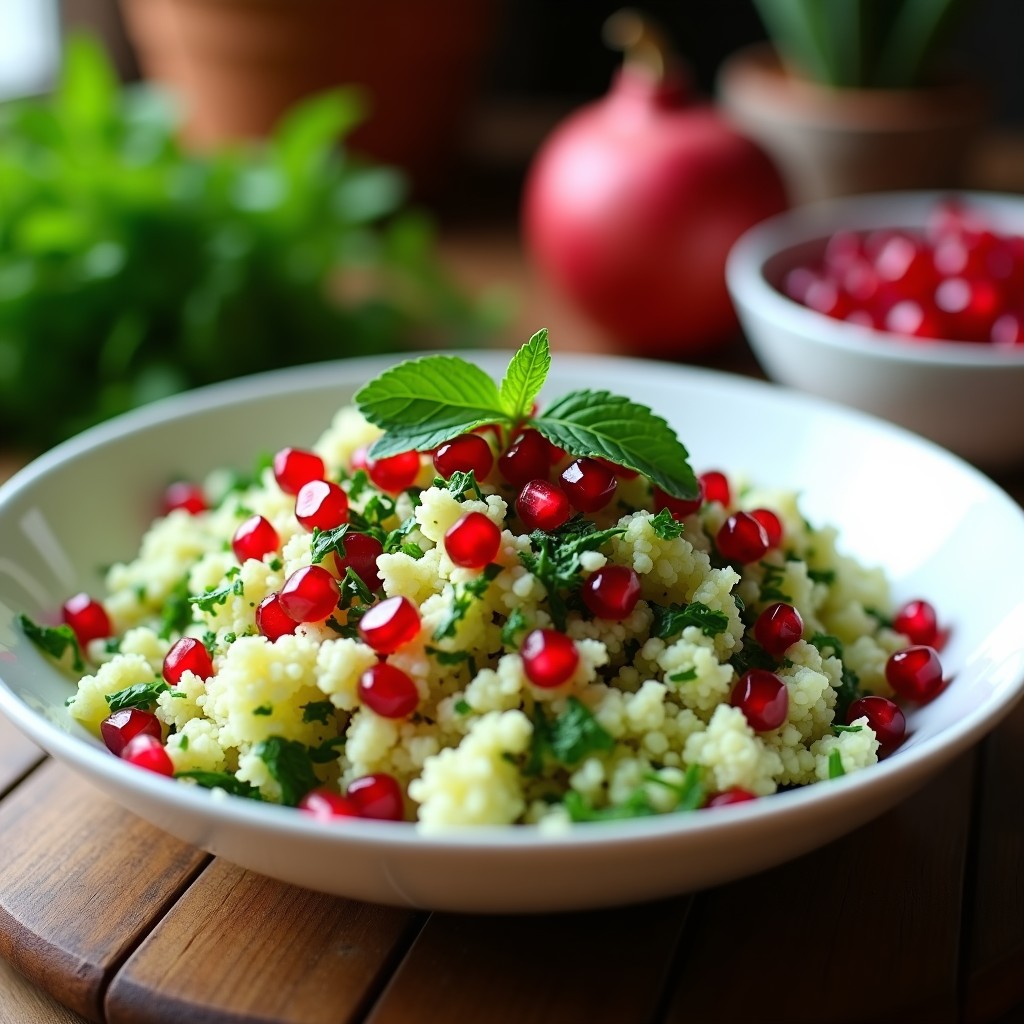 Ensalada Tabbouleh keto en bol blanco con coliflor rizada picada, granos de granada rojos, menta y perejil frescos, aliñada con limón y aceite. Plato colorido y fresco sobre fondo rústico de madera.