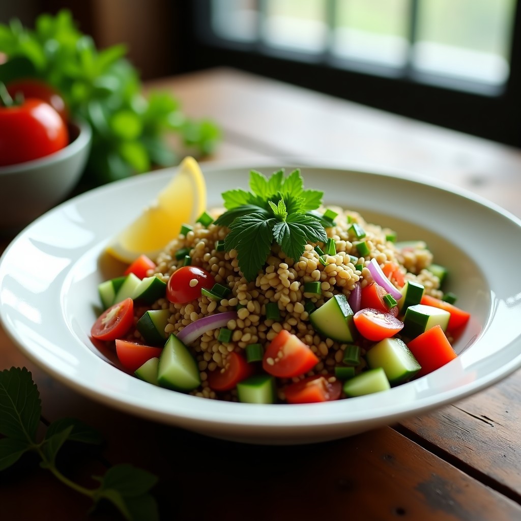 Bol grande de cerámica blanca con tabbouleh libanés auténtico, lleno de perejil verde brillante, menta, tomates rojos y semillas de sésamo, servido sobre hojas de lechuga con un chorrito de aceite de oliva.
