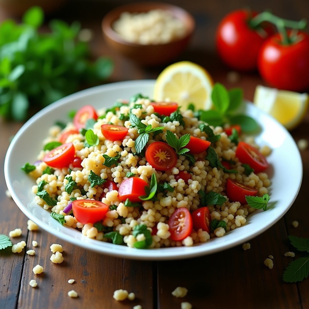 Bowl de cerámica blanca lleno de tabbouleh libanés tradicional, con trigo bulgur, perejil fresco, menta, tomate y cebolla morada, decorado con rodajas de limón y un chorrito de aceite de oliva.