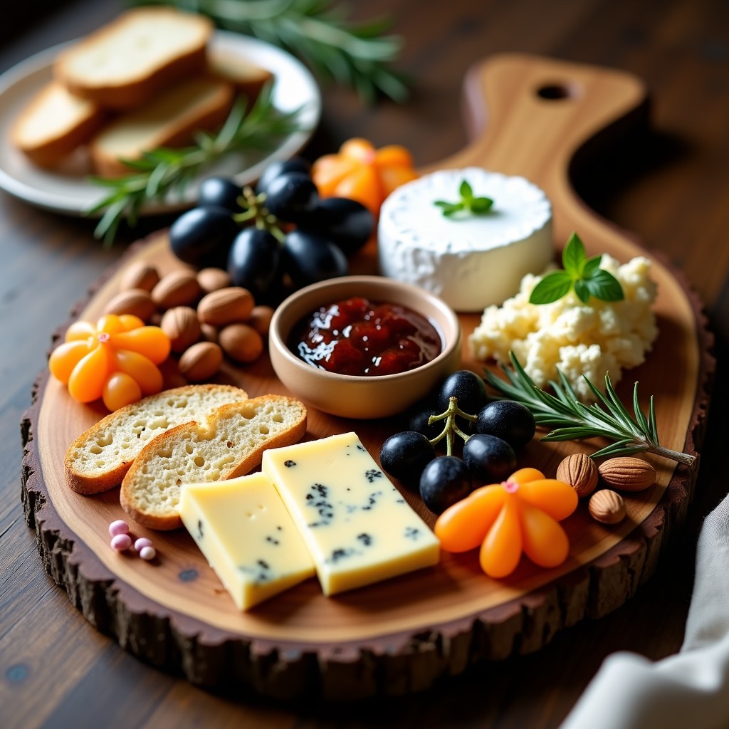 Tabla de madera rústica con quesos veganos variados (anacardos ahumado, almendras curado, tofu marinado), frutos secos tostados, mermelada de higo, uvas negras y pan de centeno. Decorada con romero fresco y pimienta rosa, aperitivo gourmet sin lactosa.