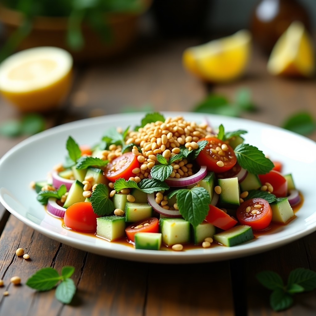 Ensalada Taboulé de Lino Dorado y Tomates Secos servida en bol de cerámica blanca, con semillas de sésamo tostado espolvoreadas, perejil fresco y rodajas de limón. Plato keto y sin gluten con colores vibrantes.