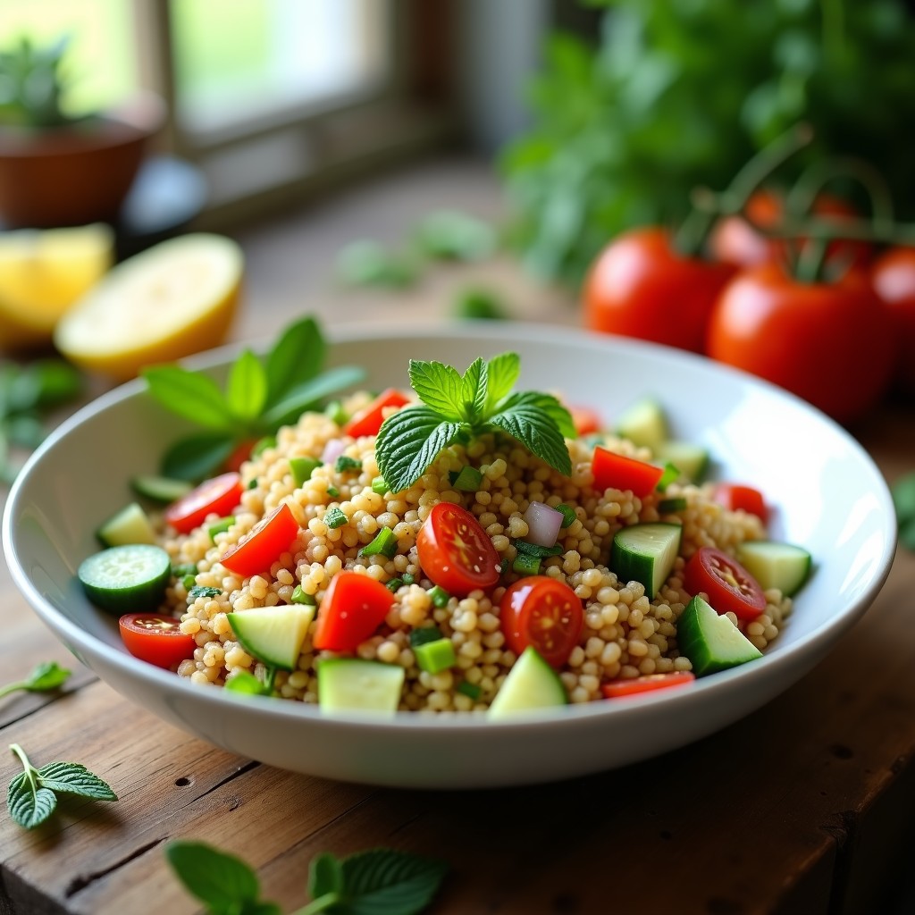 Taboulé de mijo y tomates secos servido en un bol de cerámica blanca, con hojas de menta fresca, rodajas de limón y semillas de sésamo tostadas sobre una mesa de madera rústica.