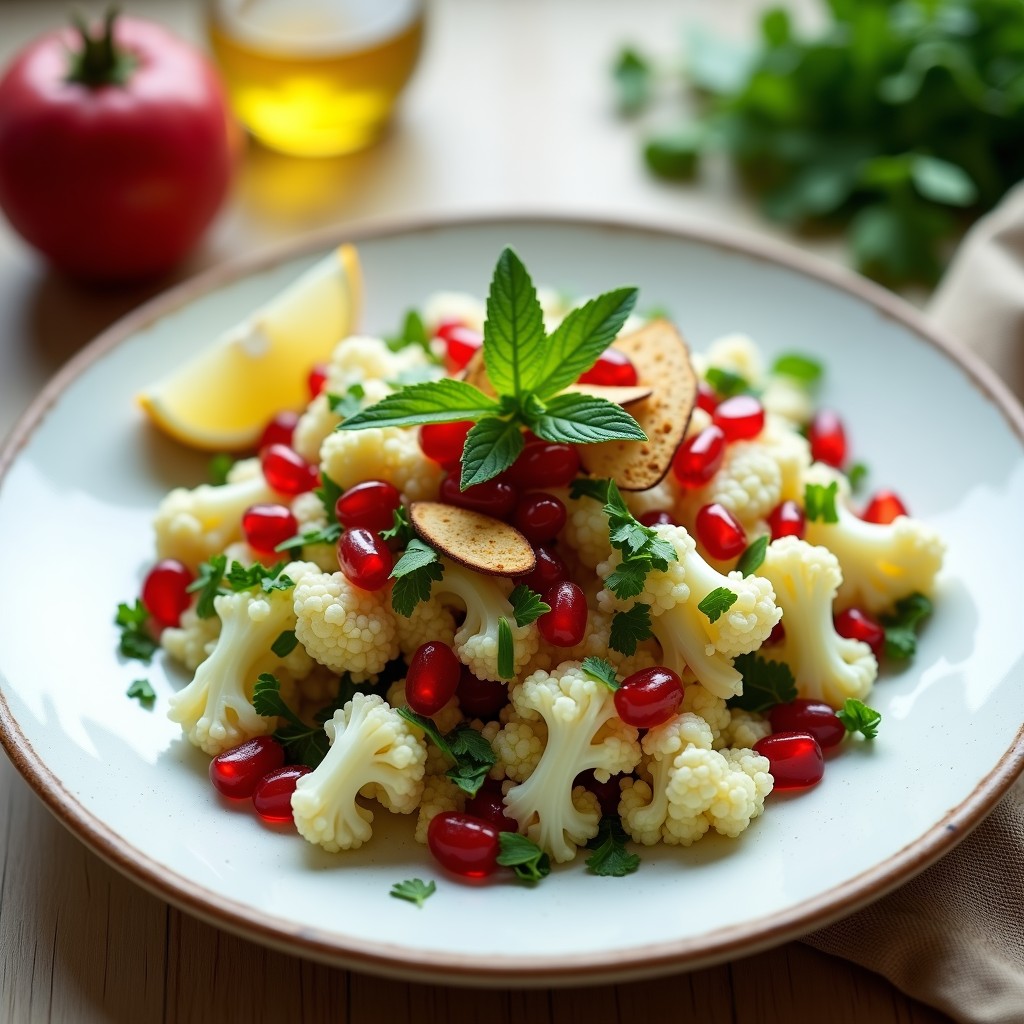 Ensalada Taboulé de coliflor rallada y granos de granada rojos brillantes, decorada con perejil y menta fresca, con vinagreta de limón y azeite. Plato blanco rústico sobre fondo de madera clara.