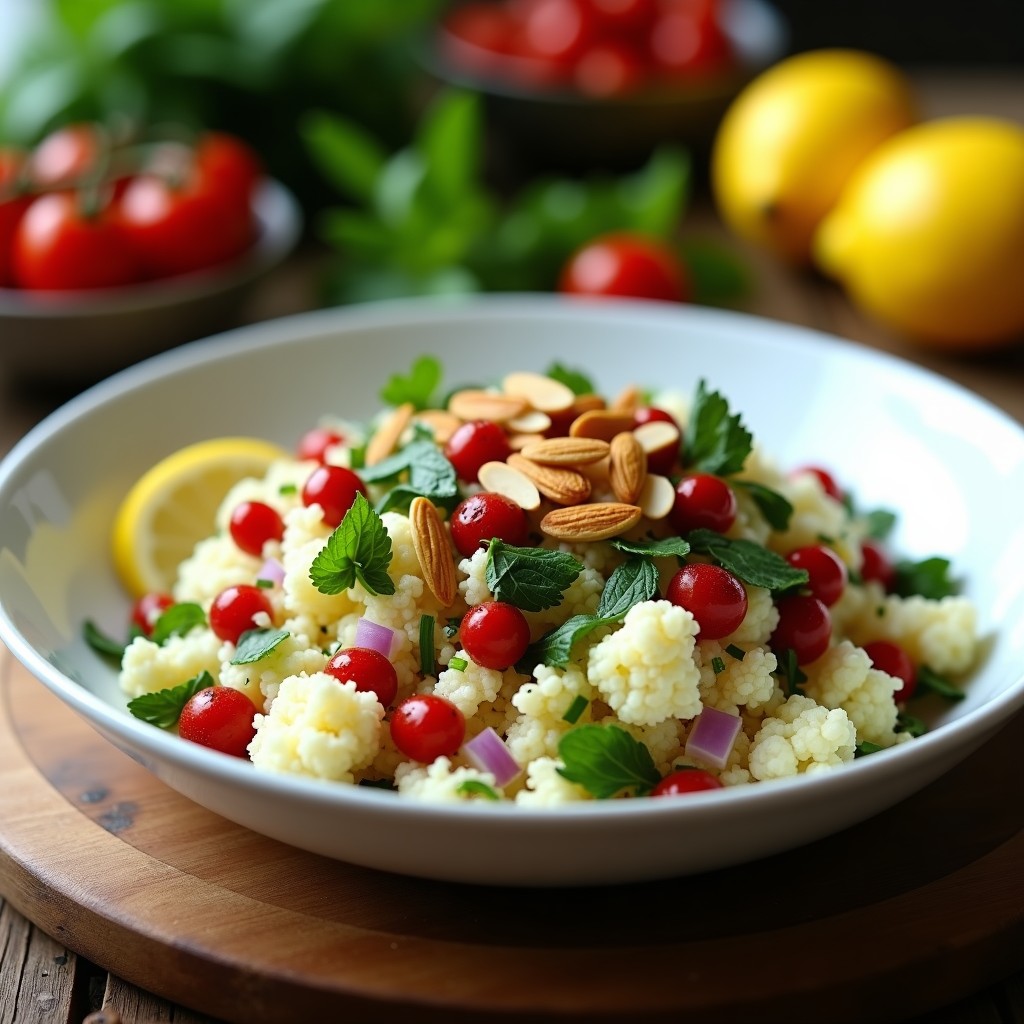 Ensalada Tabule de coliflor rallada y arándanos rojos secos en un bol de cerámica blanca, con perejil y menta fresca, decorada con almendras fileteadas tostadas y aderezo de limón. Plato colorido y fresco, típico de la cocina libanesa vegana y sin gluten.