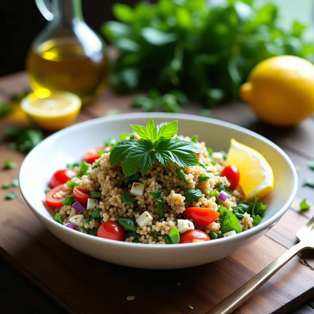 Bowl de cerámica blanca con tabulé libanés fresco: bulgur, perejil, menta, tomate y cebolla morada, decorado con semillas de sésamo y rodajas de limón, receta Thermomix.