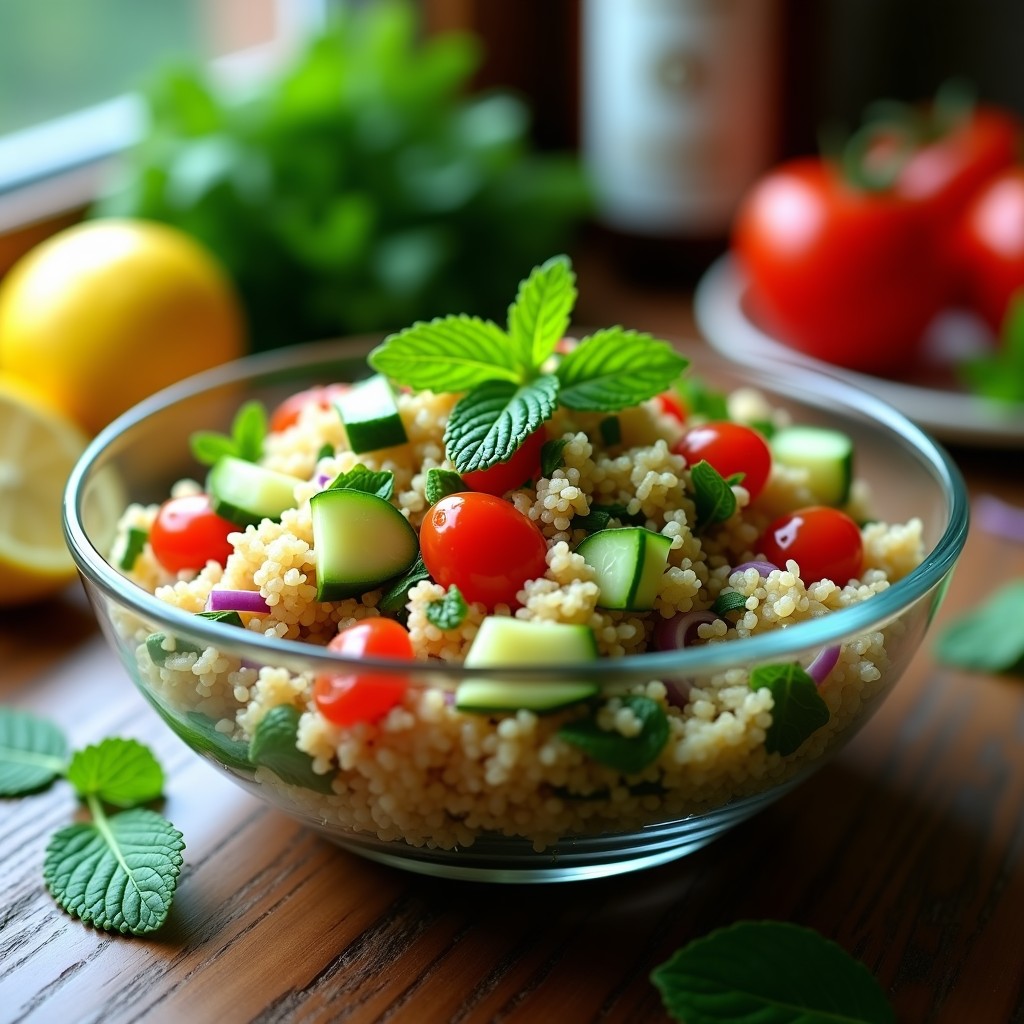 Bol transparente con tabulé libanés de quinoa, perejil y menta fresca, tomates cherry y semillas de sésamo, servido con hojas de lechuga. Receta en airfryer sin gluten.