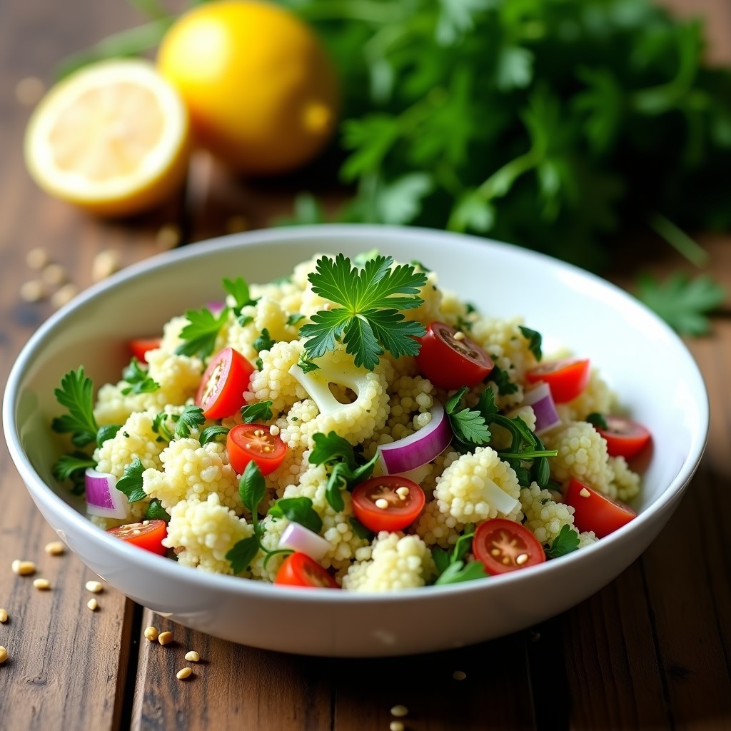 Bol de cerámica blanca con tabulé pendek vegano de coliflor, perejil, menta y tomate, decorado con semillas de sésamo, servido sobre una mesa rústica de madera con limones al fondo.