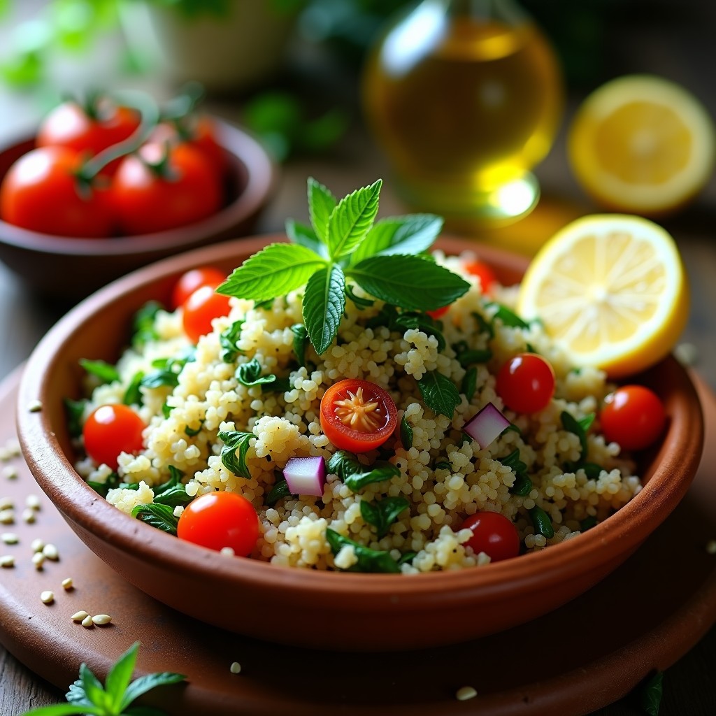 Ensalada tabulé sirio vegana en bol de barro con bulgur, perejil, menta, tomates cherry y semillas de sésamo, servida con limones y aceite de oliva al lado.