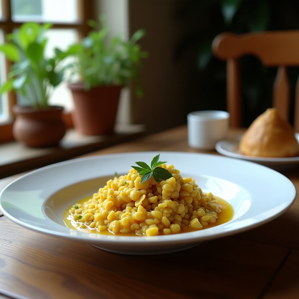 Plato hondo de cerámica blanca con Tabuleh de coliflor, semillas de granada rojas brillantes, menta fresca picada y almendras fileteadas tostadas. Fondos verdes de perejil y un toque de comino. Receta vegana y libanesa.