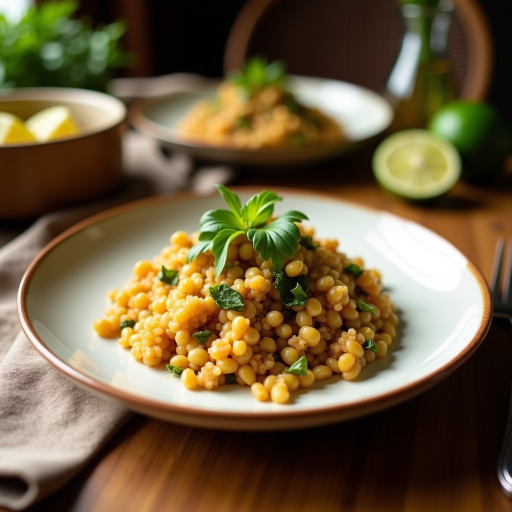 Tabuleh de quinoa tricolor y granados en un bol de cerámica blanca, con semillas de granada rojas brillantes, perejil fresco picado y un hilo de aceite de oliva dorado. Fondos de tomate cherry, pepino y menta. Receta árabe sin gluten.