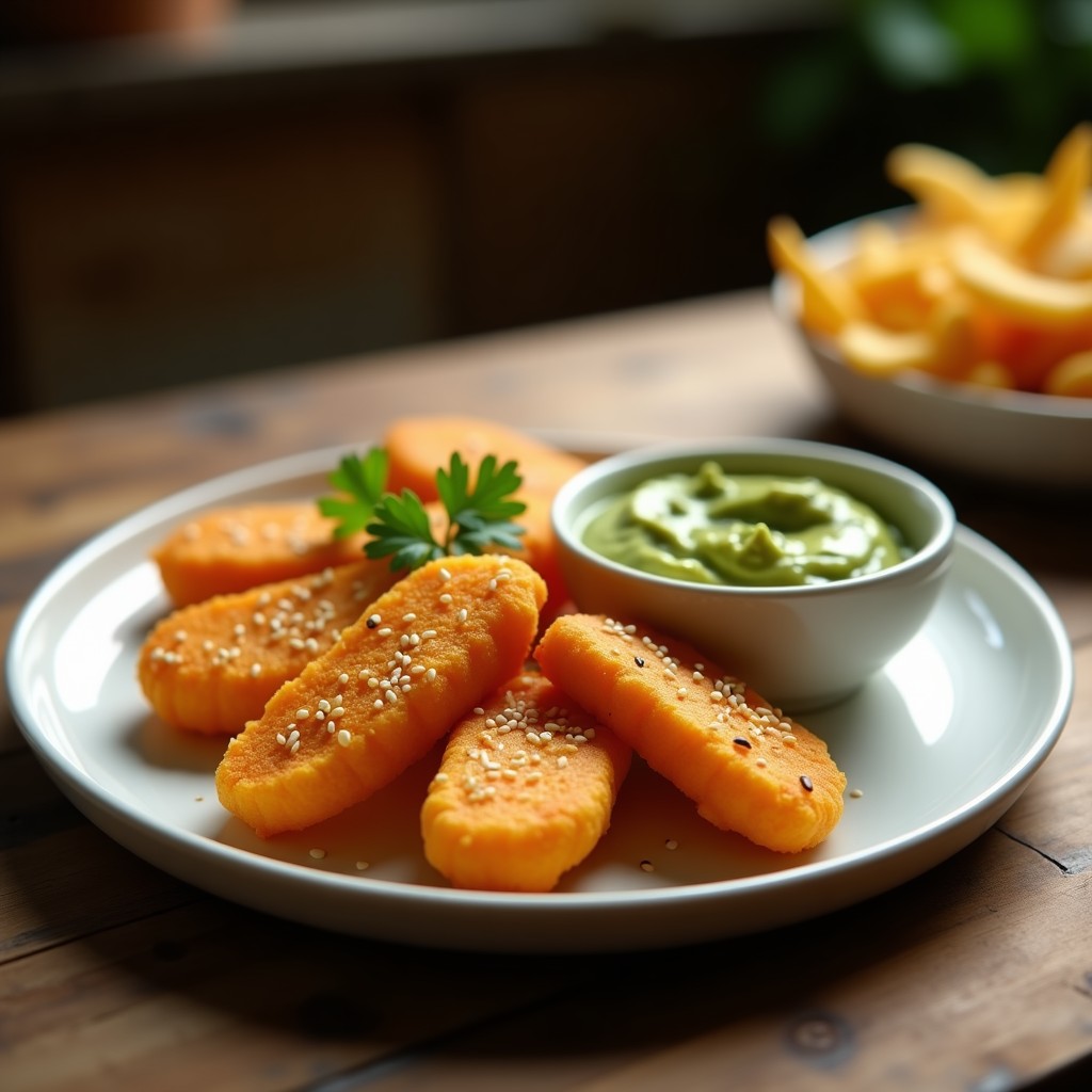 Plato blanco con tacéos de yuca dorados y crujientes servidos con guacamole cremoso y decorados con semillas de sésamo y cilantro, receta colombiana en airfryer.