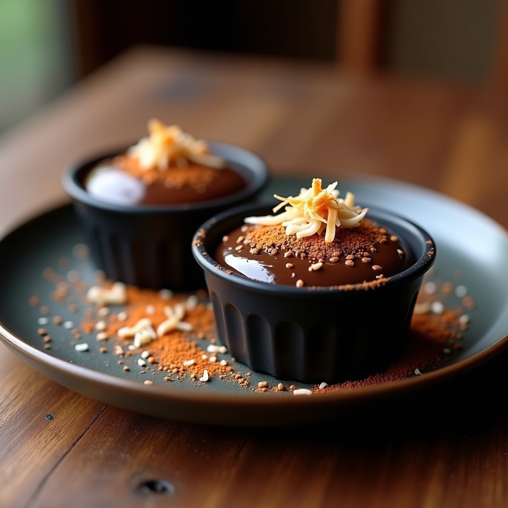 Tacitas pequeñas de silicona negra con mezcla de cacao puro y chile picante, decoradas con semillas de chía y coco rallado sobre fondo rústico de madera.