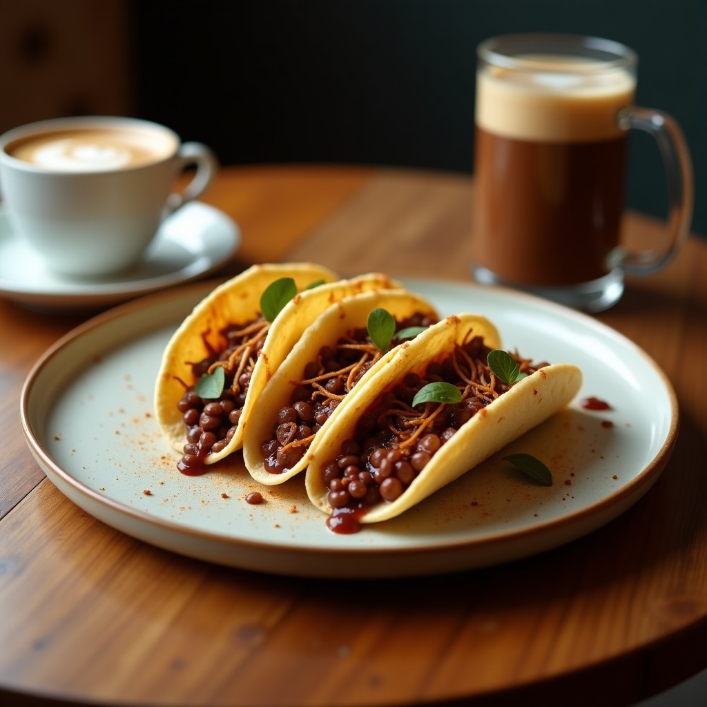 Dos tacitos de café moka vegano en moldes de cerámica blanca, esponjosos y con almendras fileteadas doradas en la superficie, servidos sobre una bandeja de madera rústica con granos de café y una cuchara de plata.