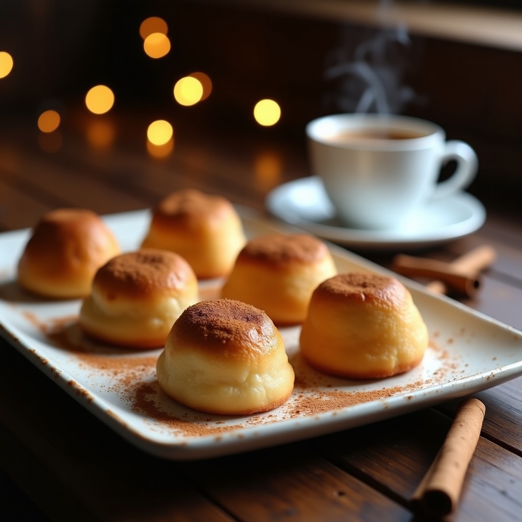 Selección de tacitos mexicanos de café con canela servidos en moldes de porcelana blanca, con un espolvoreado de canela en polvo y una taza de café al fondo, receta tradicional meixcana.