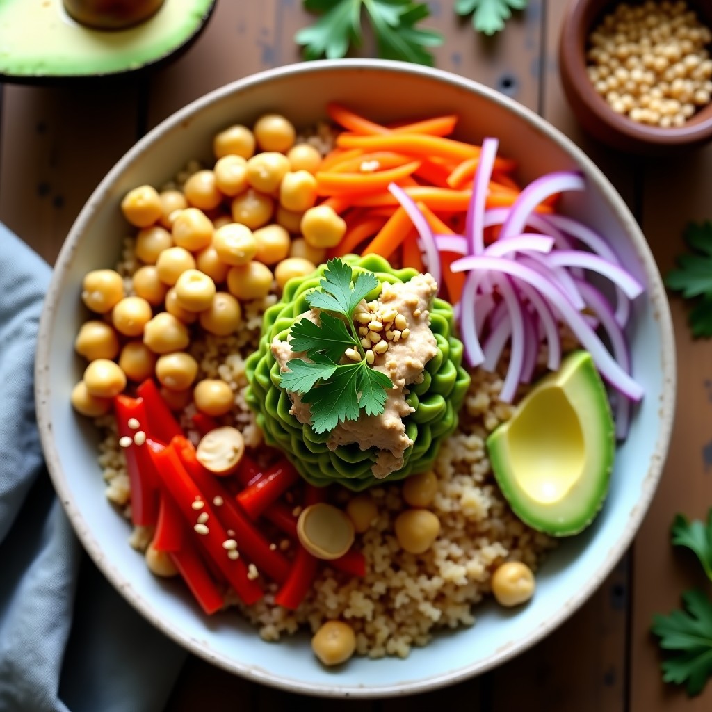 Taco Bowl vegano keto con arroz de coliflor dorado, garbanzos, aguacate, pimiento rojo asado y cebolla morada, cubierto con aderezo cremoso de cacahuete y sésamo, decorado con semillas de sésamo y cilantro fresco.