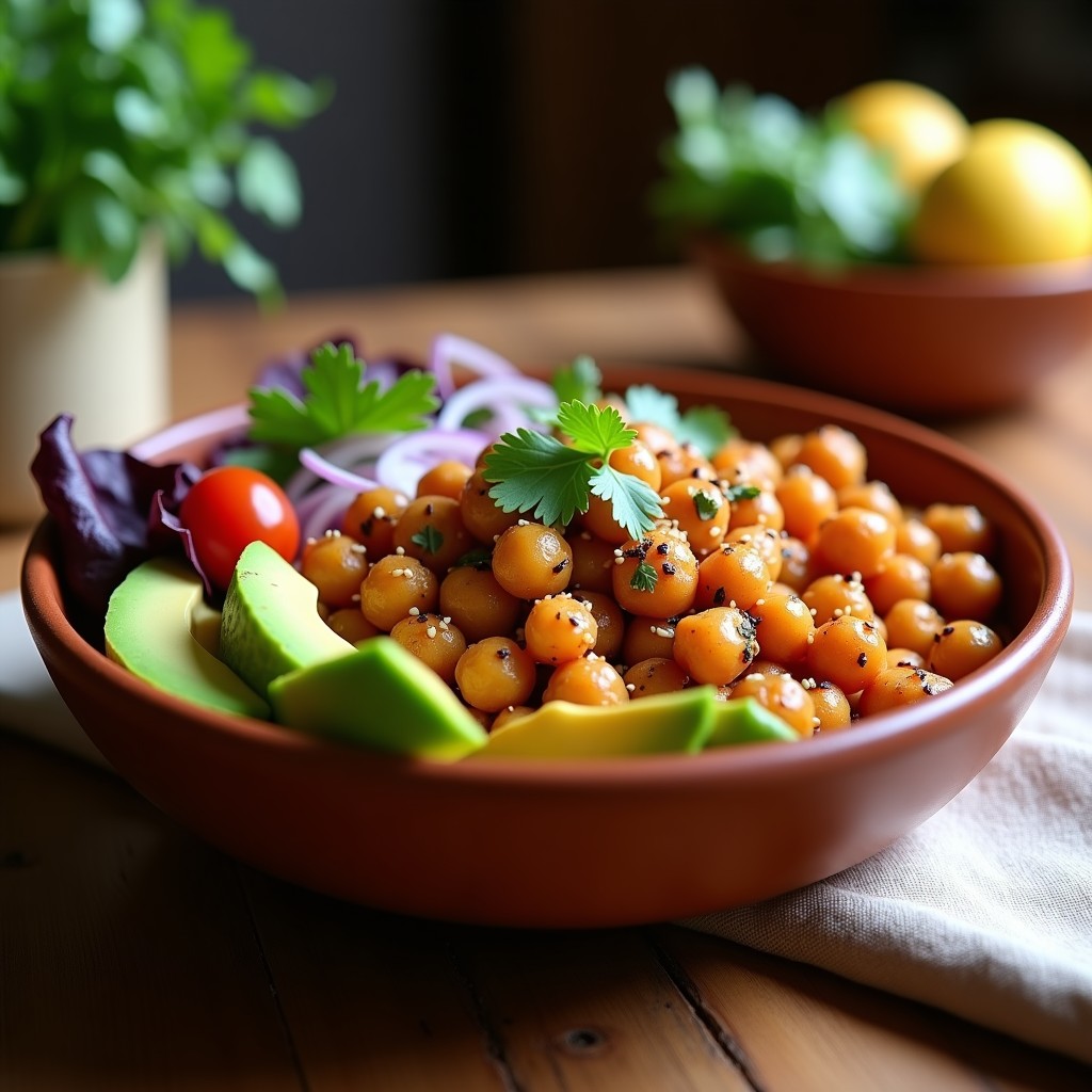 Taco bowl vegano y keto con garbanzos crujientes dorados, aguacate en cubos, lechuga morada, tomate cherry, cebolla morada y salsa de chipotle cremosa, espolvoreado con semillas de sésamo. Plato colorido y apetitoso en un bol de barro.