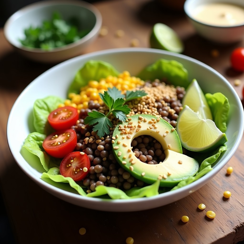 Taco-bowl vegano en plato hondo de cerámica blanca, con base de lechuga romana, lentejas beluga oscuras, aguacate cremoso, tomates cherry rojos, maíz amarillo y aderezo de yogur de soja espeso con especias. Decorado con semillas de sésamo tostado y cilantro fresco.