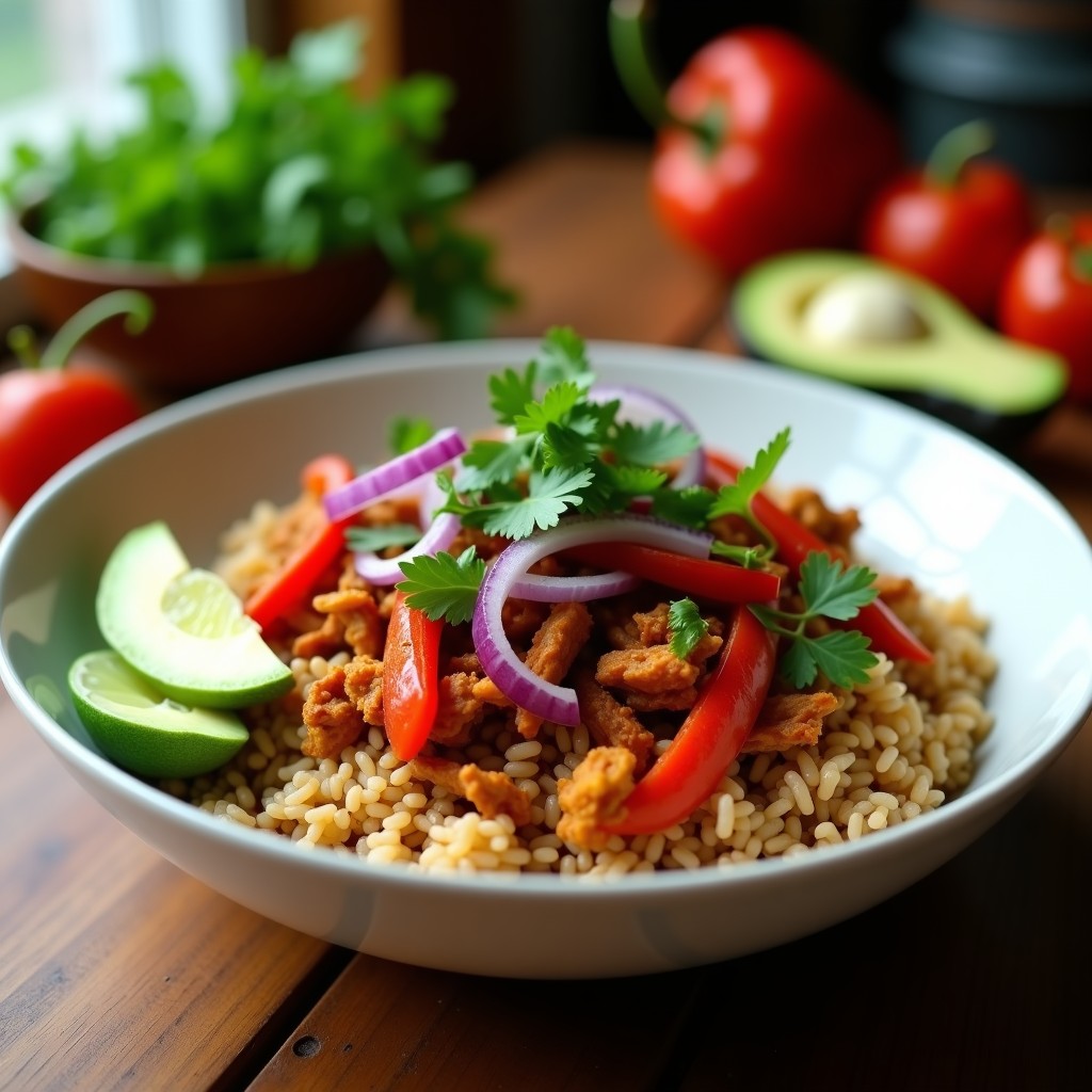 Taco bowl vegano con jackfruit al chipotle en airfryer, servido en un bol hondo con arroz integral, aguacate, pimiento rojo, cebolla morada y cilantro fresco.