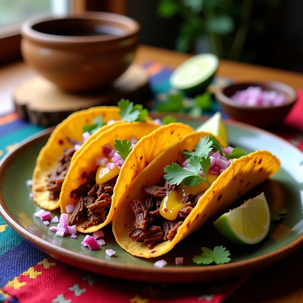 Plato con tres tacos de birria de res en airfryer, dorados y crujientes, rellenos de carne jugosa y queso derretido, acompañados de cebolla morada, cilantro fresco y un bol pequeño de caldo para mojar.