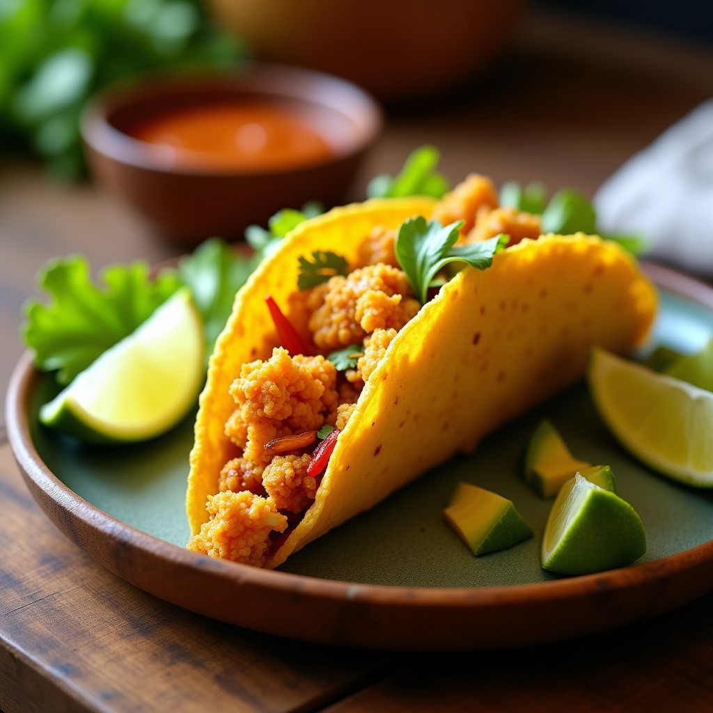 Tacos dorados de coliflor y jackfruit en airfryer, crujientes y dorados, servidos en plato de barro con topping de aguacate, tomate cherry y repollo morado, decorados con cilantro fresco.
