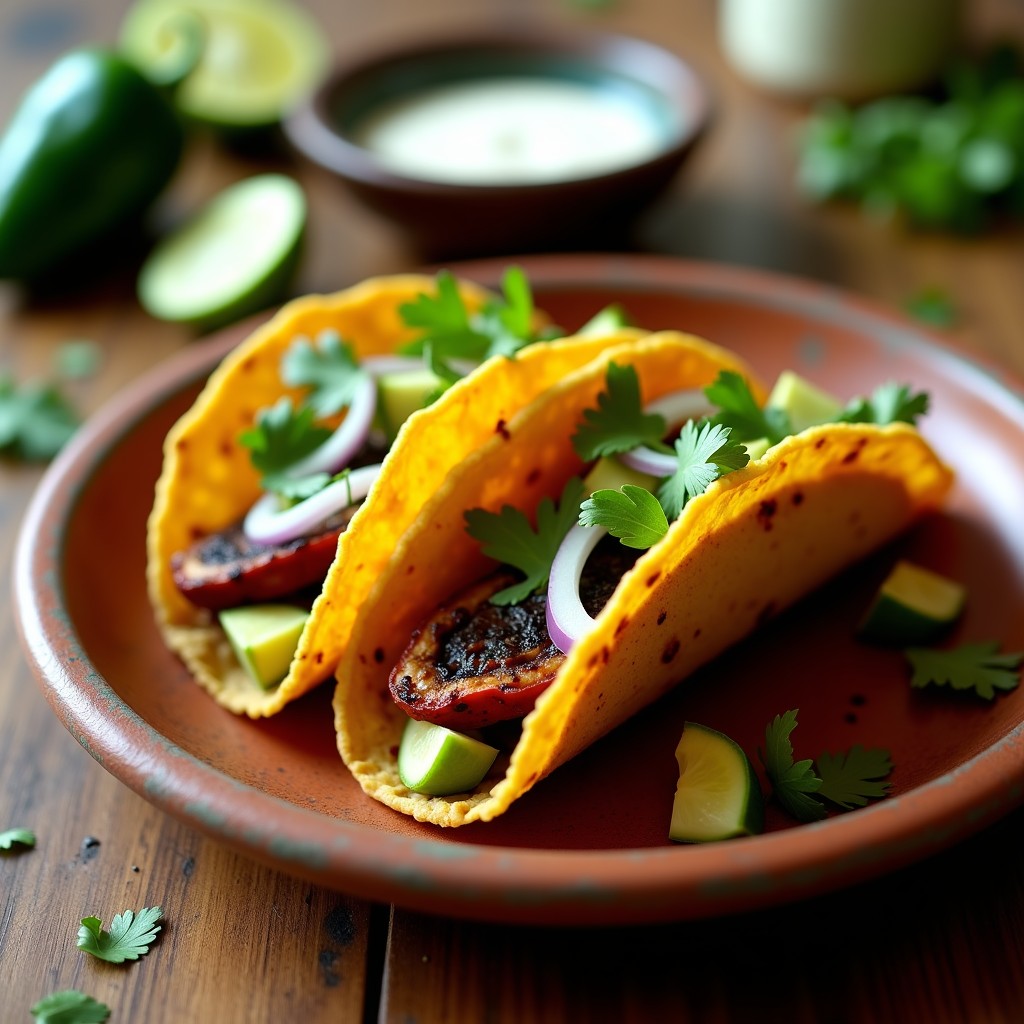 Tacos dorados y crujientes rellenos de hongos portobello y chile poblano, servidos en un plato de barro con aguacate, lechuga morada y crema vegana de anacardos, receta mexicana vegana en airfryer.