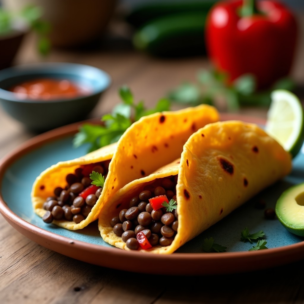 Taco dorado crujiente de lentejas beluga y pimientos asados servido en un plato de barro mexicano, con relleno oscuro y tortilla de maíz azul dorada, acompañado de rodajas de aguacate y salsa de chipotle, receta mexicana en airfryer.