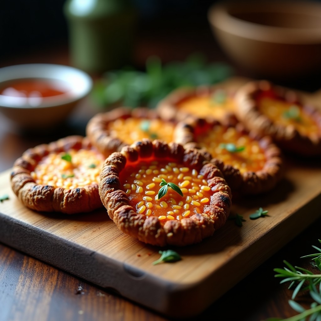 Tacones de champiñones portobello dorados y crujientes en bandeja de madera, servidos con salsa barbacoa y decorados con semillas de sésamo, receta airfryer.