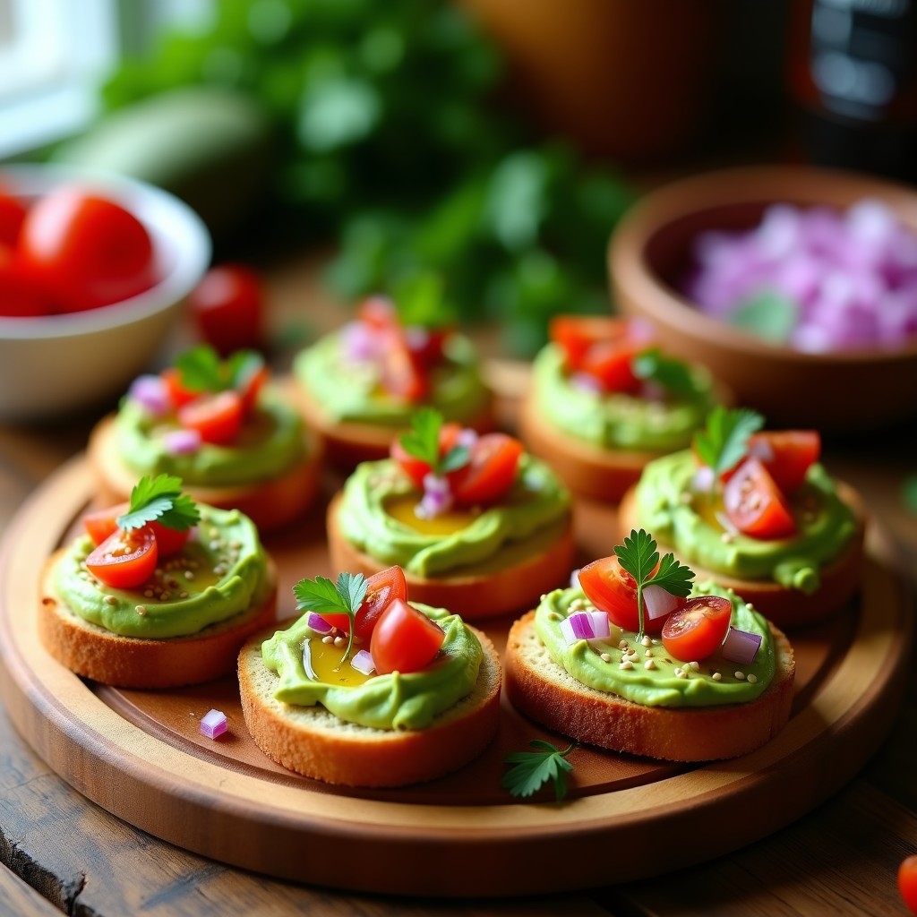 Tacones de canapé veganos sobre tabla de madera, rellenos de crema de aguacate verde brillante, topping de tomate cherry, cebolla morada y cilantro, decorados con semillas de sésamo y pimienta rosa.