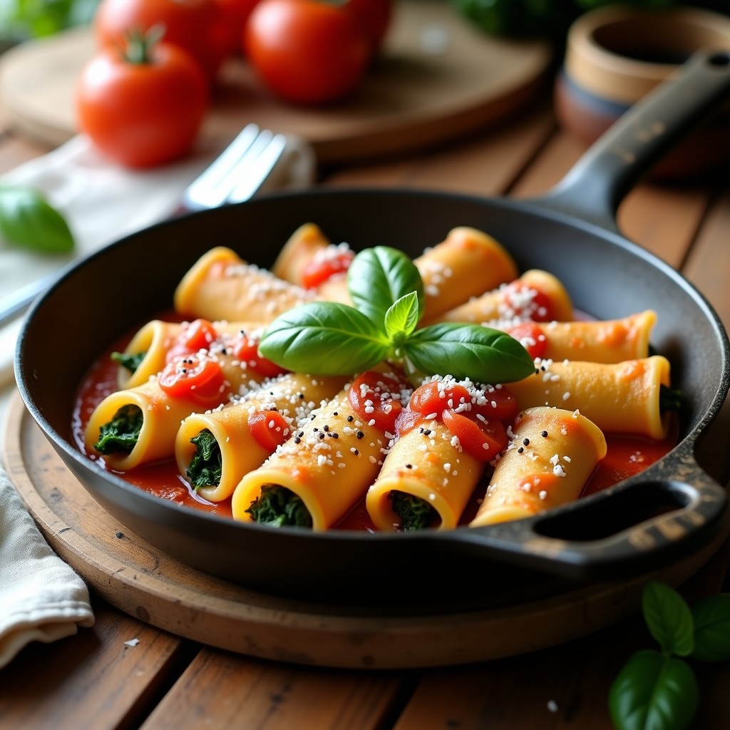 Tacones de canelones dorados en sartén, rellenos de espinacas y ricotta, con salsa de tomate y queso parmesano espolvoreado, receta italiana rápida.