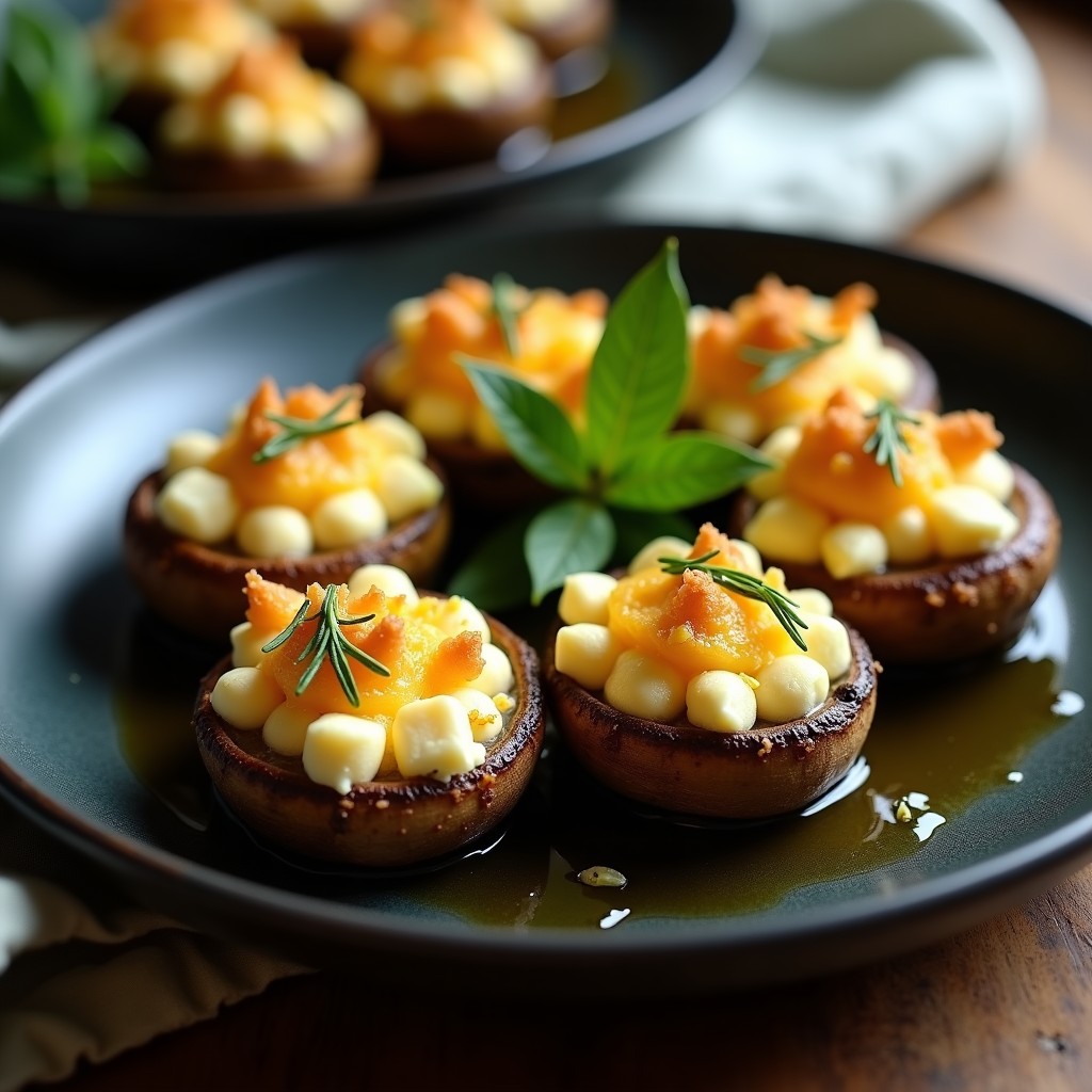 Tacones de morilla rellenos de queso de cabra dorados al horno, servidos en plato de cerámica negra con hierbas frescas y aceite de oliva.