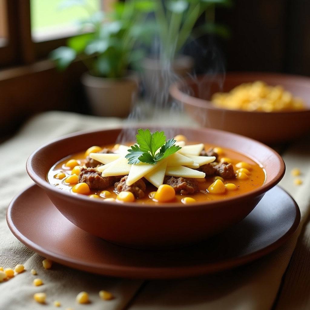 Plato hondo de barro con tacones de morochos venezolanos, guiso cremoso de maíz amarillo con trozos de carne mechada y queso blanco derretido, decorado con cilantro fresco.