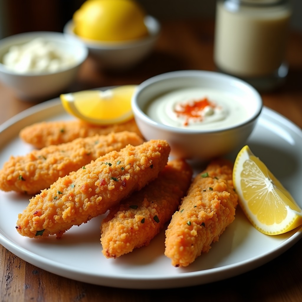 Tacones de pollo dorados y crujientes servidos en un plato blanco con rodajas de limón y salsa de yogur, receta airfryer sin aceite.