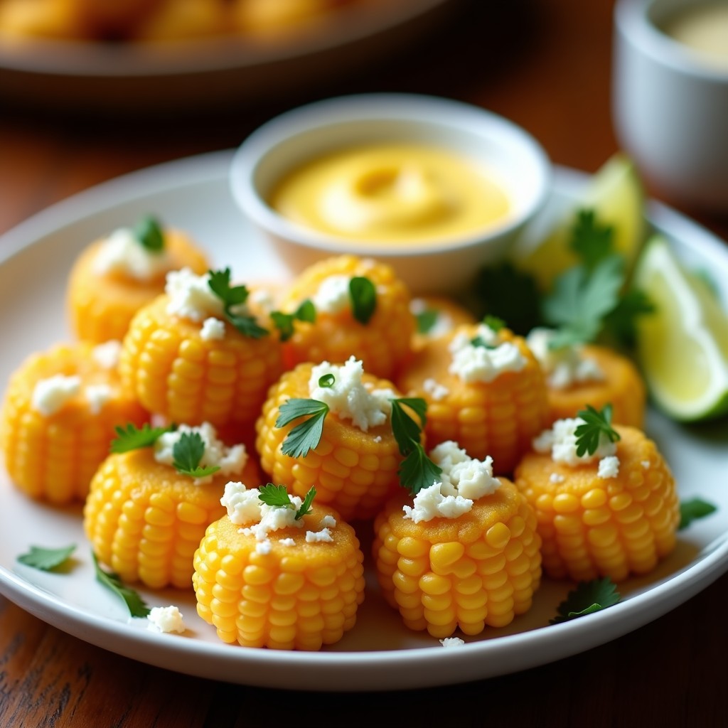 Tacones de elote dorados y crujientes servidos en un plato de cerámica blanca, acompañados de mayonesa de ají amarillo en un recipiente pequeño, queso fresco desmenuzado y cilantro fresco. Plato típico peruano preparado en airfryer.