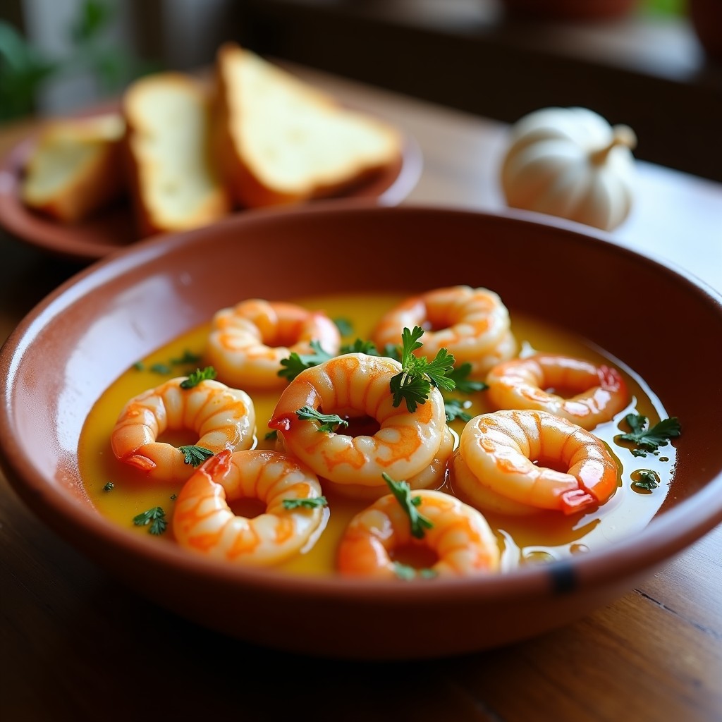 Plato hondo de barro con tacones de gambas al ajo y perejil, gambas rosadas brillantes bañadas en salsa dorada con trozos de ajo y perejil fresco, acompañadas de rebanadas de pan tostado. Receta rápida y costera.
